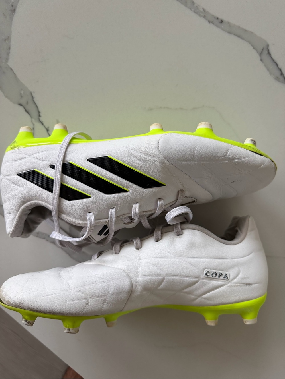 Adidas Copa Soccer Cleats - White with Black Stripes and Neon Green Sole